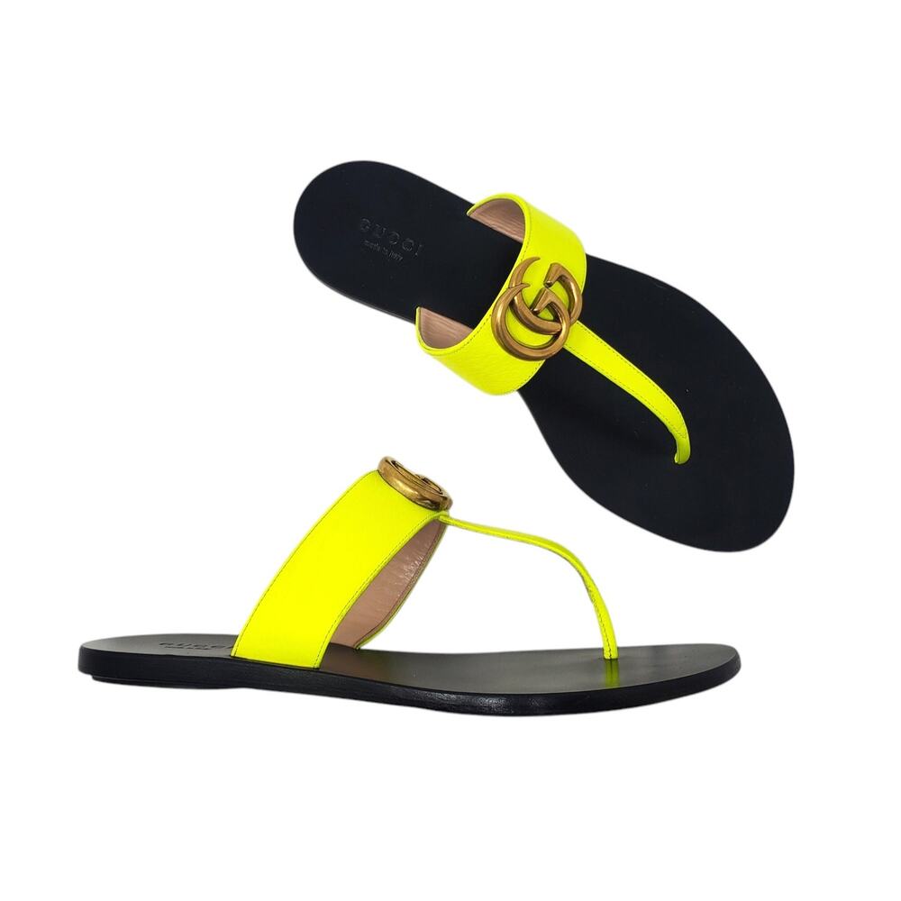 Gucci Marmont GG Sandal Thong Flat With Double G In Yellow Fluo Leather Size 37